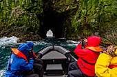 The Lindblad Expedition ship National Geographic Explorer running Zodiac operations in Bjornoya (Bear Island) in the Svalbard Archipelago, Norway, Arctic, Europe