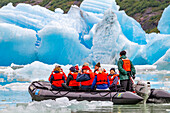 Guests from the Lindblad Expeditions ship National Geographic Sea Bird during Zodiac operations in Tracy Arm, Southeast Alaska, United States of America, North America