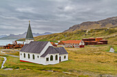 Views of the church at Grytviken, Swedish for Pot Cove, on South Georgia in the South Atlantic, Polar Regions