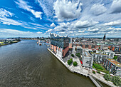 Aerial of the Elbphilamonie, the Hamburg opera house building overlooking the city of Hamburg, Germany, Europe