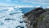 Aerial of the Ilulissat Icefjord, UNESCO World Heritage Site, Western Greenland, Denmark, Polar Regions