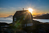 House in backlight, Kulusuk, Greenland, Denmark, Polar Regions