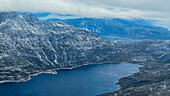 Aerial of the mountainous coastline around Kulusuk, Greenland, Polar Regions