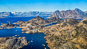 Aerial of the mountainous coastline around Kulusuk, Greenland, Polar Regions