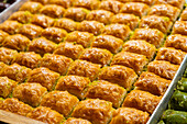 Detail of traditional Turkish dessert baklava, Egyptian Bazaar (Spice Bazaar Market), Eminonu, Fatih District, Istanbul Province, Turkey, Europe