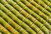 Detail of traditional Turkish dessert baklava, Egyptian Bazaar (Spice Bazaar), Eminonu, Fatih District, Istanbul Province, Turkey, Europe