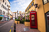 British telephone box, Gibraltar Castle Steps, beautiful residential area on the hill of narrow alleys, Gibraltar, Europe