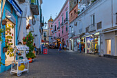 View of Basilica S. Maria Di Loreto and shops and cafes at dusk, Forio, Island of Ischia, Campania, Italy, Europe