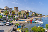 View of cafes and bars at the marina and Torrione Castle Museum, Forio, Island of Ischia, Campania, Italy, Europe