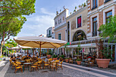 View of cafes and restaurants in Piazza Marina in Casamicciola Terme, Island of Ischia, Campania, Italy, Europe