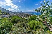 View of tropical flora in Giardini la Mortella Botanical Gardens and Forio in background, Forio, Island of Ischia, Campania, Italy, Europe