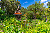 View of Sala Thai in tropical flora in Giardini la Mortella Botanical Gardens, Forio, Island of Ischia, Campania, Italy, Europe