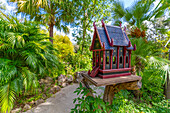 View of Sala Thai spirit house in tropical flora in Giardini la Mortella Botanical Gardens, Forio, Island of Ischia, Campania, Italy, Europe