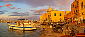 View of the fishing port Marina Grande with boats at golden hour, Procida, Phlegraean Islands, Gulf of Naples, Campania, Southern Italy, Italy, Europe