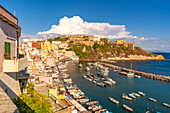 Elevated view of Marina di Corricella and fortress in background, Procida, Phlegraean Islands, Gulf of Naples, Campania, Southern Italy, Italy, Europe