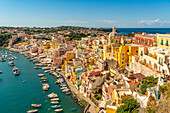 Blick auf Marina di Corricella von erhöhter Position aus,Procida,Phlegräische Inseln,Golf von Neapel,Kampanien,Süditalien,Italien,Europa