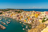 Blick von erhöhter Position auf Marina di Corricella und die Kirche Santa Maria delle Grazie,Procida,Phlegräische Inseln,Golf von Neapel,Kampanien,Süditalien,Italien,Europa