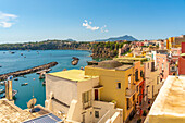 View of Marina di Corricella from Church of Santa Maria delle Grazie, Procida, Phlegraean Islands, Gulf of Naples, Campania, Southern Italy, Italy, Europe