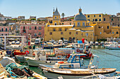 View of Church of Santa Maria della Pieta in the fishing port Marina Grande with boats, Procida, Phlegraean Islands, Gulf of Naples, Campania, Southern Italy, Italy, Europe