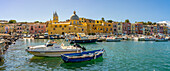 View of Church of Santa Maria della Pieta in the fishing port Marina Grande with boats, Procida, Phlegraean Islands, Gulf of Naples, Campania, Southern Italy, Italy, Europe