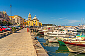 View of Church of Santa Maria della Pieta in the fishing port Marina Grande with boats, Procida, Phlegraean Islands, Gulf of Naples, Campania, Southern Italy, Italy, Europe