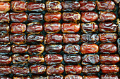 Dates (date palm fruits) displayed on the food market, special food for Ramadan, Surabaya, Java, Indonesia, South East Asia, Asia