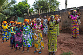 Women's group waving goodbye in Dokoue, Benin, West Africa, Africa