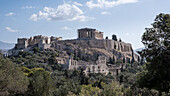 View of the Acropolis of Athens, UNESCO World Heritage Site, from Mouseion Hill, located to the southwest, Athens, Greece, Europe