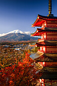 Vibrant sunrise at Five-storey pagoda, Chureito Pagoda, overlooking Fujiyoshida City and Mount Fuji volcano, Fujiyoshida, Honshu, Japan, Asia