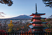 Sunrise at Mount Fuji in autumn, Fujiyoshida Chureito Pagoda, and fall leaves, Honshu, Japan, Asia