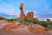 Balanced Rock rock formation at sunset, Arches National Park, Utah, United States of America, North America