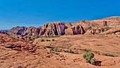 The Red Mountains rising behind the petrified sand dunes at Snow Canyon State Park, Southern Utah, United States of America, North America. Many famous films were made in the park which forms part of the Red Cliffs Desert Reserve.