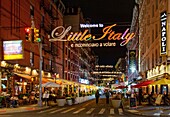 The Welcome to Little Italy sign at the junction of Mulberry Street and Hester Street, Little Italy Manhattan, New York, United States of America, North America