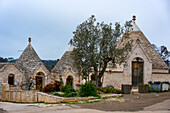 Iconic old Trullo and Trulli white houses with stone ceilings in conical shape, UNESCO World Heritage Site, Alberobello, Apulia, Italy, Europe