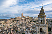 Ancient city view with traditional stone houses, Maria Santissima della Bruna and Sant'Eustachio Cathedral and Church of Saint Peter Barisano, Matera, Basilicata, Italy, Europe