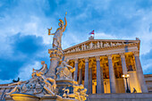 Pallas Athene statue, Austrian Parliament, UNESCO World Heritage Site, dusk shot, Vienna, Austria, Europe