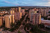 Aerial view of La Romareda neighborhood skyline at sunset, Zaragoza, Spain