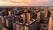 Aerial view of La Romareda neighborhood skyline at sunset, Zaragoza, Spain