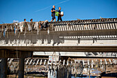 Effects of the DANA floods of October 29, 2024, in train tracks and CV-406 road on bridge over Rambla del Poyo or barranco del Poyo, Paiporta, Comunidad de Valencia, Spain