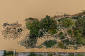 Aerial view of an abundant Ebro River passing by Zaragoza after the Dana, Spain