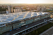 Aerial view of Zaragoza–Delicias railway and central bus station at sunset