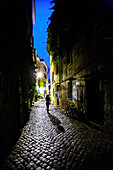 People walk along cobblestone streets under the soft light of night in Trastevere, capturing the essence of Rome's vibrant nightlife.