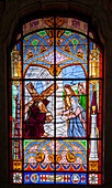 Lisbon, Portugal, March 1 2007, The stained glass window in Graca church displays vibrant designs and colors, highlighting religious themes and craftsmanship.