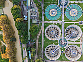 Aerial view of Casablanca water treatment plant and Imperial Canal in Zaragoza, Spain