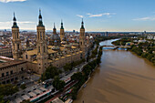 Aerial view of Cathedral-Basilica of Nuestra Señora del Pilar and the Ebro River in Zaragoza, Spain