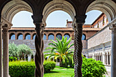 Rome, Italy, July 22 2017, The beautiful arches of the Lateran cloister are framed by lush greenery and a serene palm, showcasing Rome's architectural elegance.