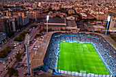 Aerial view of the Romareda soccer stadium during a Real Zaragoza match against UD Almeria