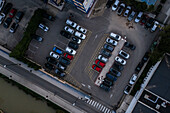 Aerial view of an urban school parking lot