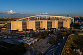 Aerial view of Zaragoza–Delicias railway and central bus station at sunset