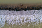 Aerial view of a bird resting next to a small waterfall in an artificial lake